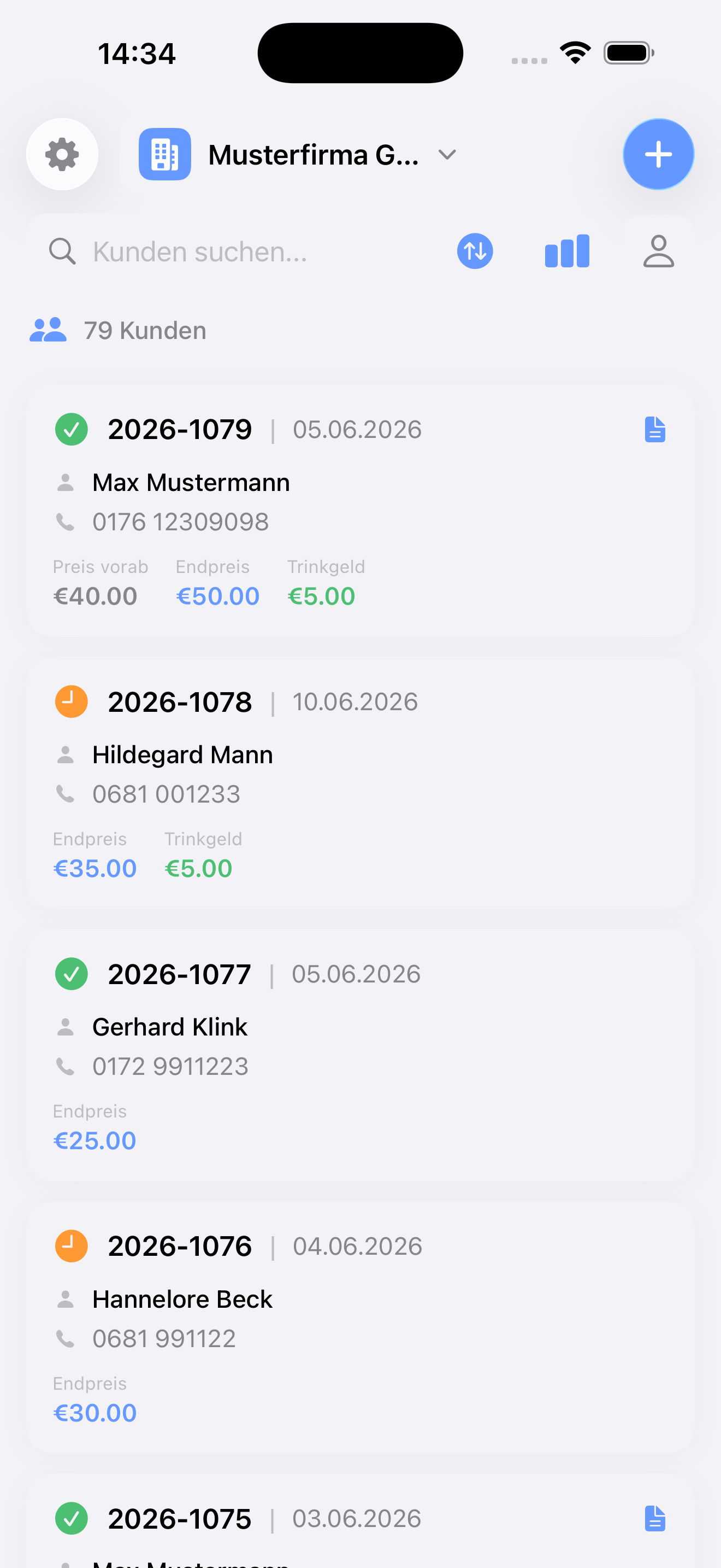meikManager App – Kundenliste auf dem iPhone