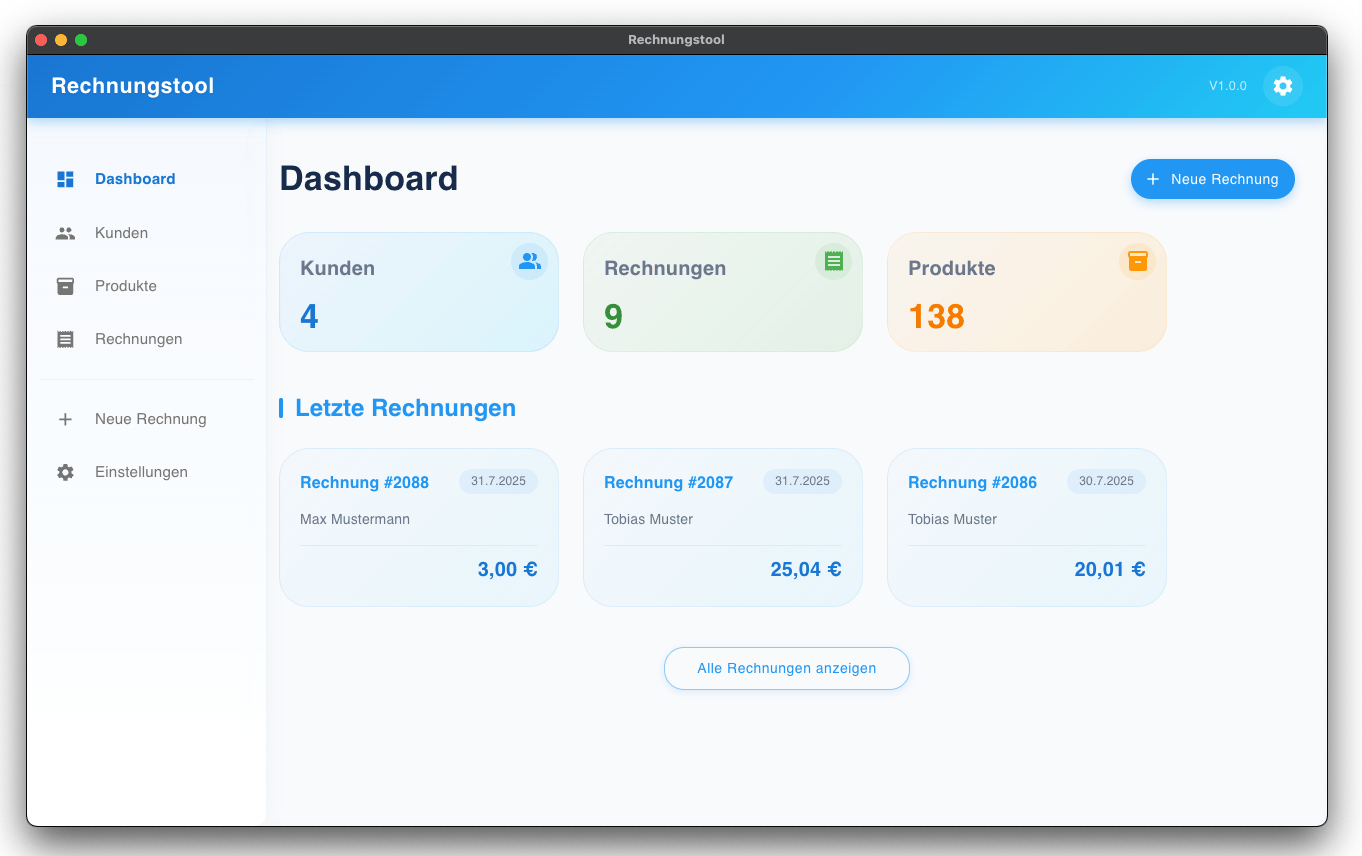 Rechnungstool Dashboard Screenshot