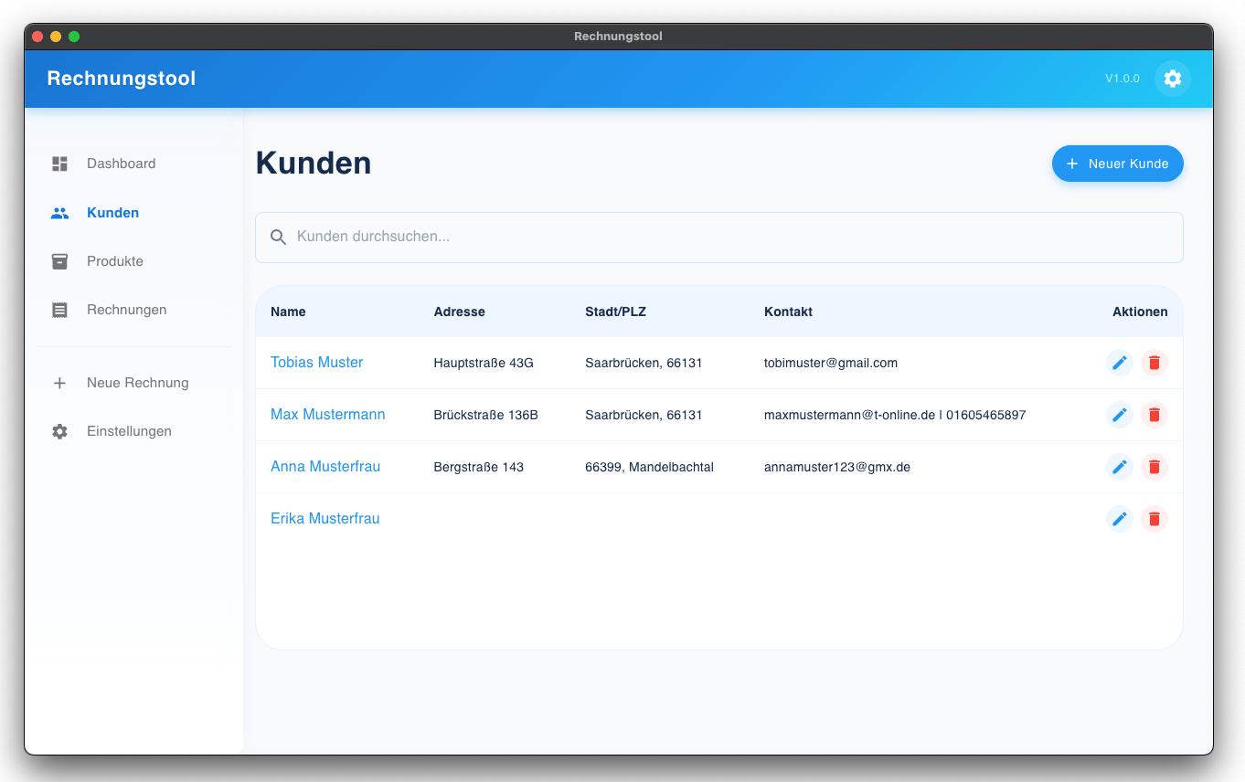 Rechnungstool Kundenverwaltung Screenshot