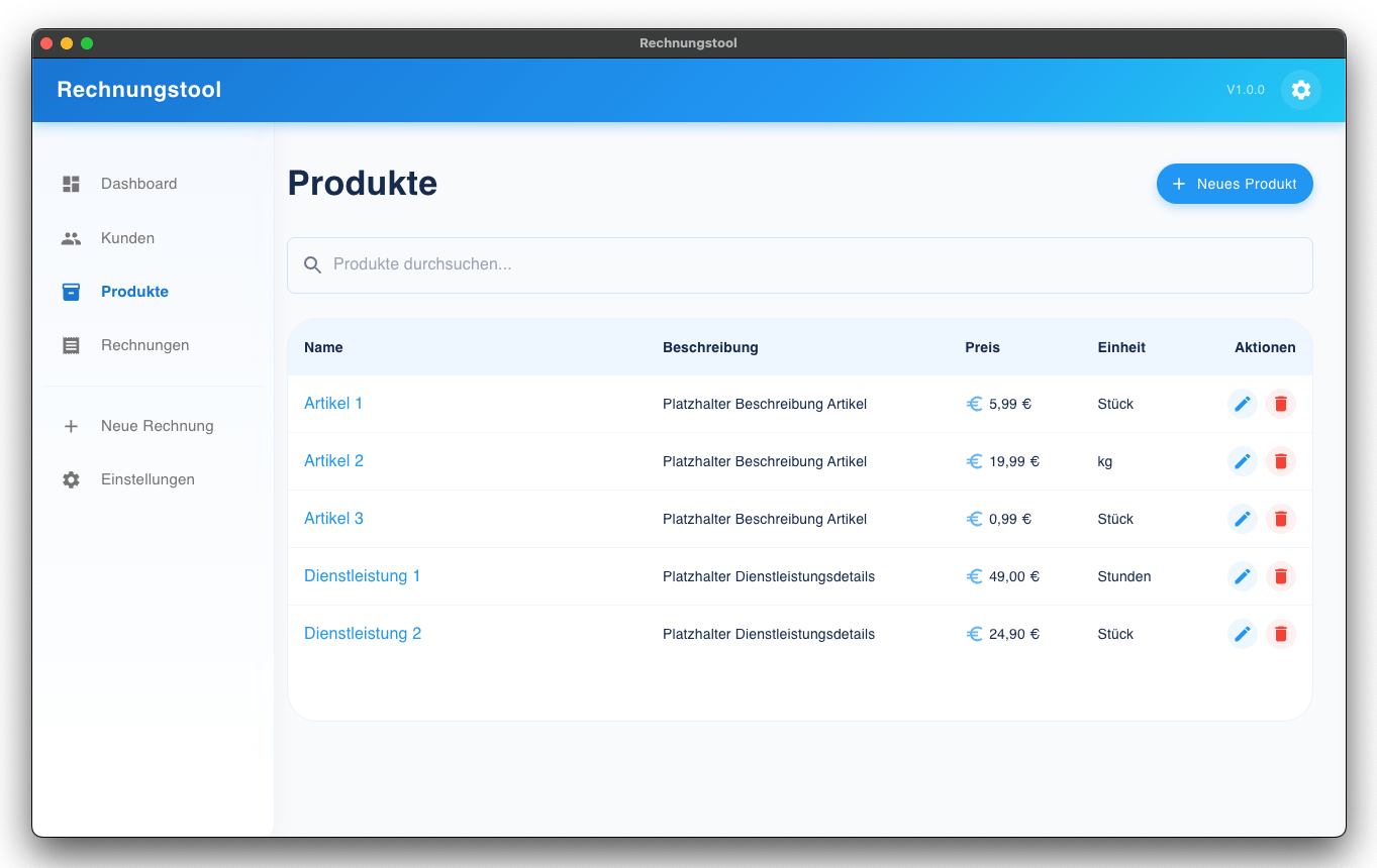 Rechnungstool Produktverwaltung Screenshot