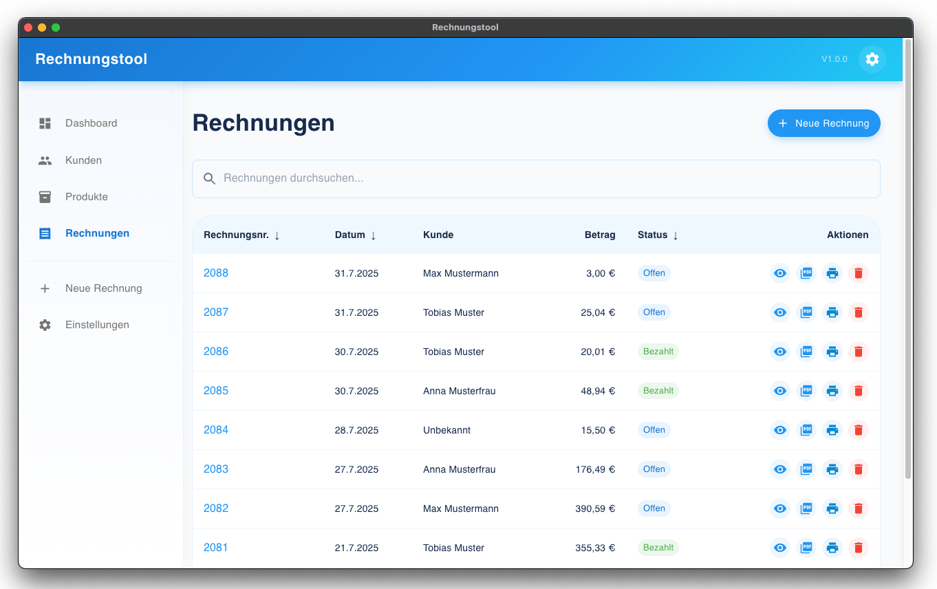 Rechnungstool Rechnungsübersicht Screenshot