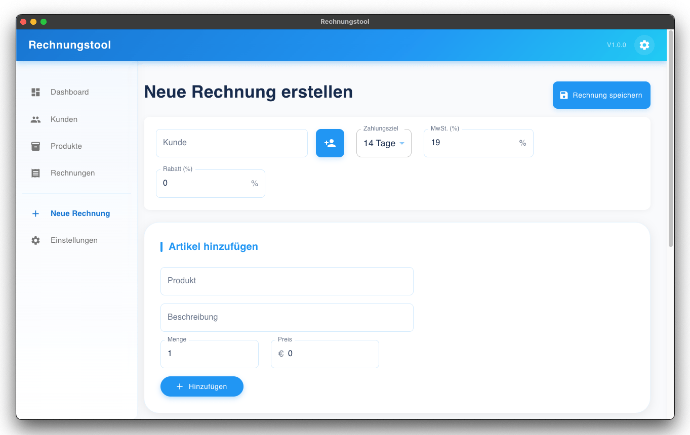 Rechnungstool neue Rechnung Screenshot